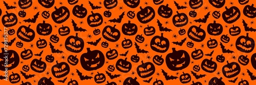 Happy Halloween Seamless Pattern Illustration With Cute Pumpkin Flying Bats Orange Background