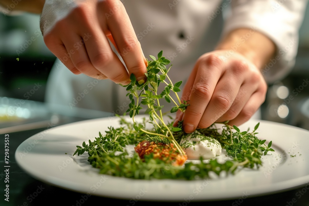 chef garnishing a plated dish with fresh herbs chef garnishing a plated dish with fresh herbs