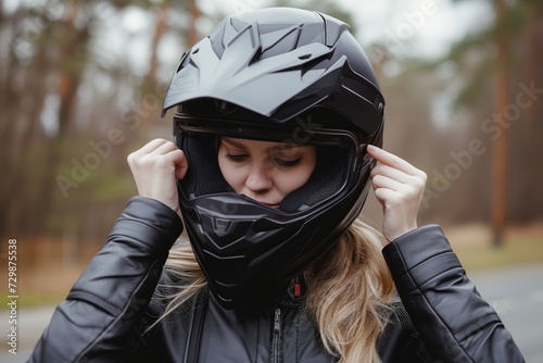 biker girl putting on a black fullface helmet © primopiano