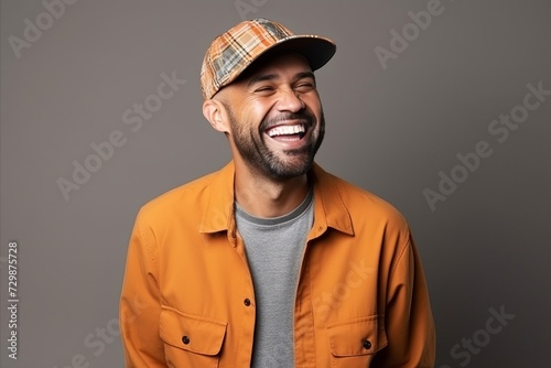 Portrait of a happy african american man laughing against a grey background © Inigo