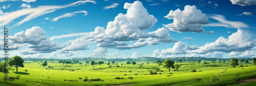 Expansive lush green field under a vibrant blue sky with fluffy white clouds  surrounded by a line of trees on the horizon  depicting serene and tranquil rural landscape