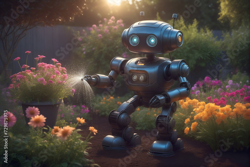 Robot gardener watering flowers in backyard. New technologies in everyday life. Concept of the future, robot doing household chores, delegating homework to robot