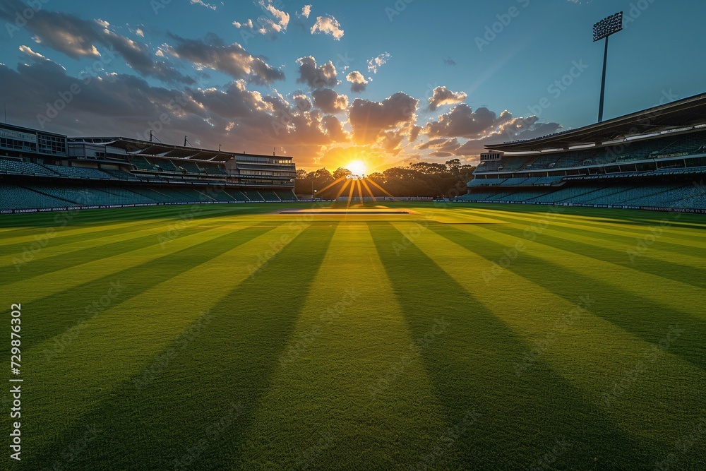 Sunset on the Field A Beautiful Cricket Match in Progress Generative AI - obrazy, fototapety, plakaty 