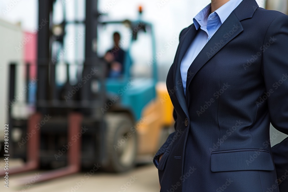 person in business attire with a forklift in the background