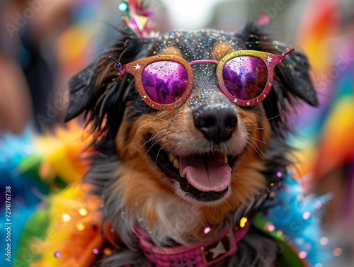 Pride Parade Pet Rainbow-Colored Dog Wearing Sunglasses and Glitter Generative AI © riya