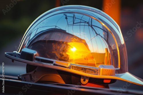 profile of construction helmet with sunset reflected on the visor