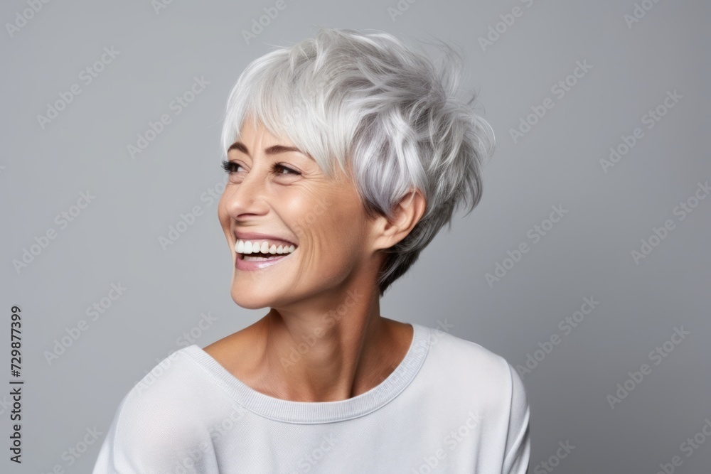 Mature woman with short grey hair. Portrait of beautiful mature woman smiling while standing against grey background Mature woman with short grey hair. Portrait of beautiful mature woman smiling while standing against grey background