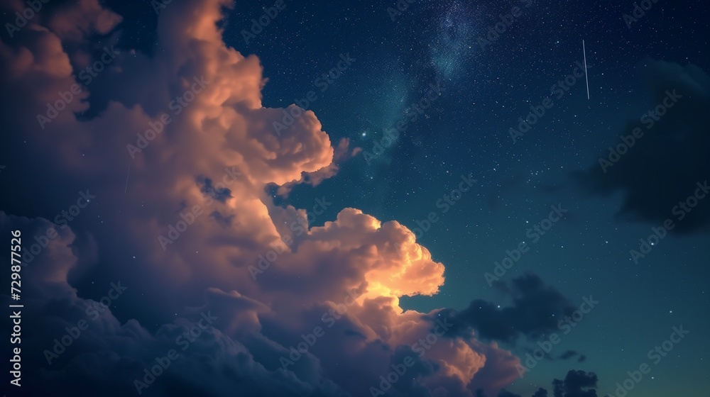 Starry night sky with dramatic orange clouds and a visible Milky Way galaxy, perfect for backgrounds or astronomical themes. Starry night sky with dramatic orange clouds and a visible Milky Way galaxy, perfect for backgrounds or astronomical themes.