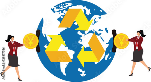 Businessman puts money into the planet Earth with a recycling symbol