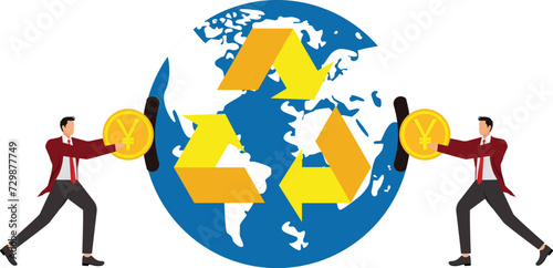 Businessman puts money into the planet Earth with a recycling symbol