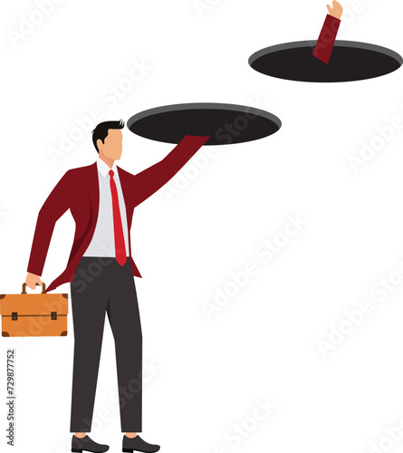 Businessman puts his hand into a hole and finds his hand coming out of another hole