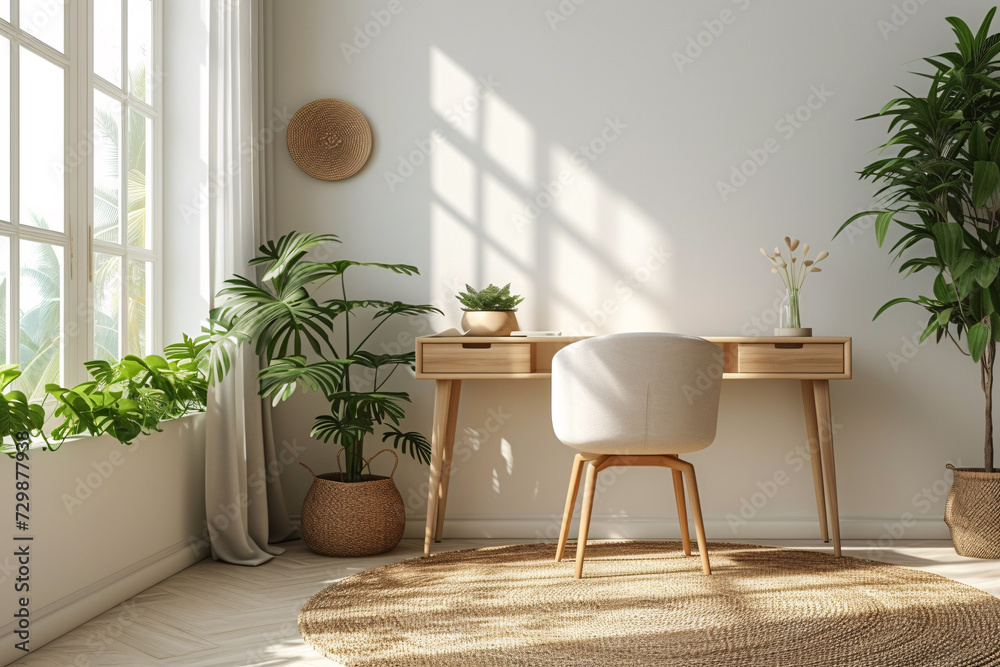 Minimalist Scandinavian Interior Home Office Room Plants in Vase, Home Workstation Chair and Desk Couch Sofa Sunlight from window
