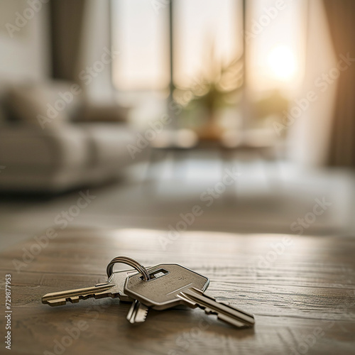 Keys on the table in new apartment or hotel room in light colors. Mortgage, investment, rent, real estate concept