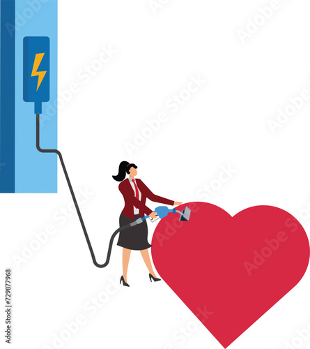 Businesswoman with a smile is charging his love with an electric plug at a charging station to fill his love with the energy