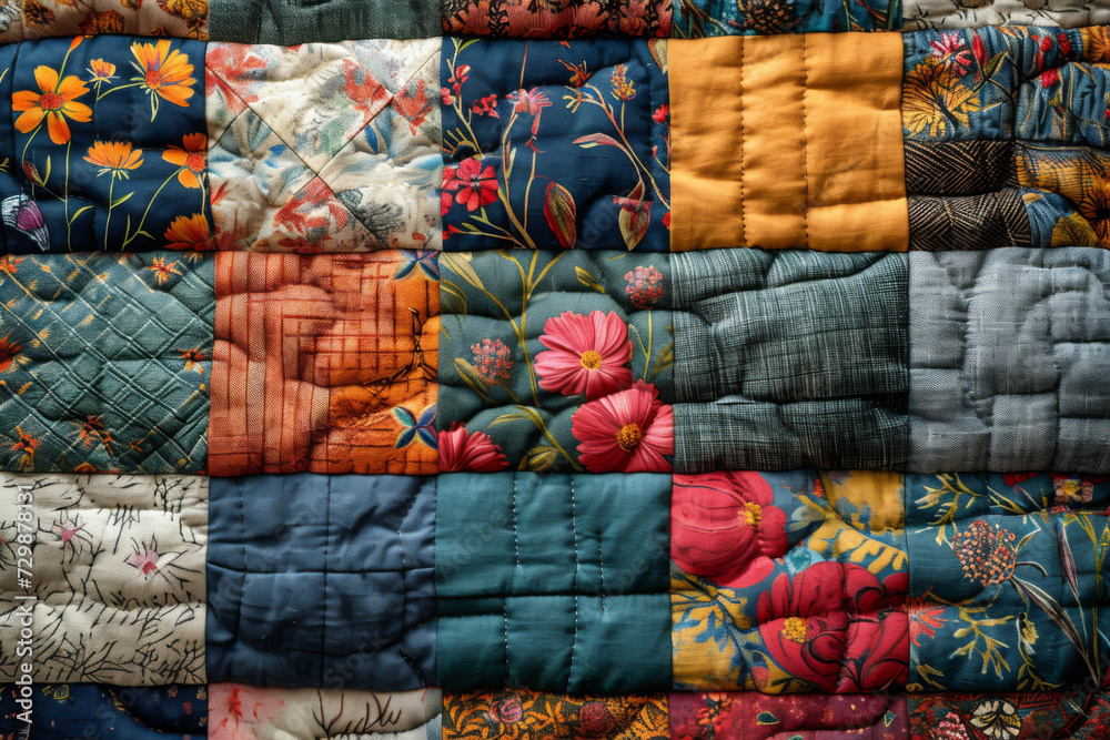 A patchwork quilt made of mismatched fabrics, representing the beauty in combining diverse elements. Concept of diversity and beauty in imperfection. Generative Ai. A patchwork quilt made of mismatched fabrics, representing the beauty in combining diverse elements. Concept of diversity and beauty in imperfection. Generative Ai.