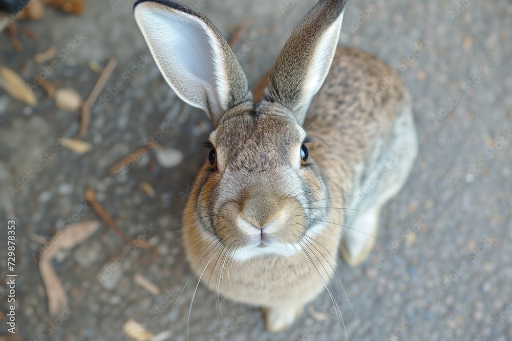 rabbit ears up, sniffing camera from above