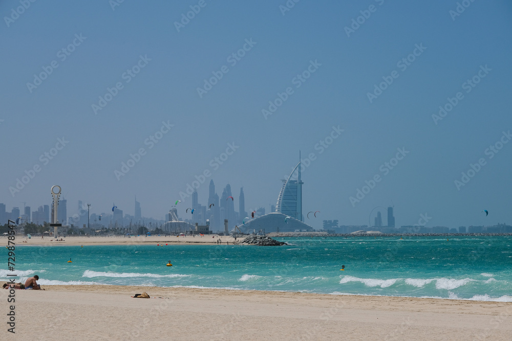 Panoramic scenic view of Jumeirah Beach and Dubai UAE skysrcaper skyline