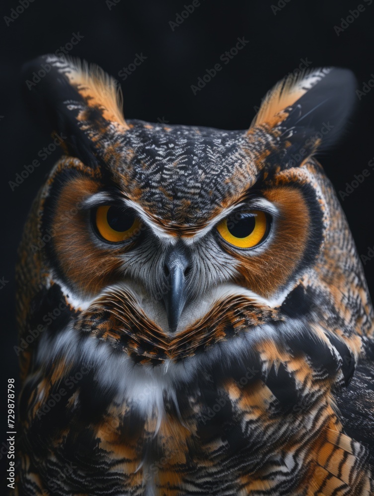 Close-up of a horned owl on dark background Close-up of a horned owl on dark background