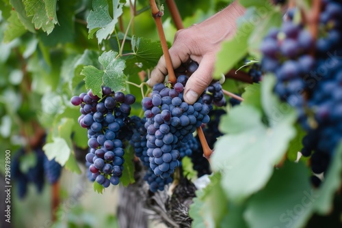 hand harvesting ripe grapes from courtyard vine