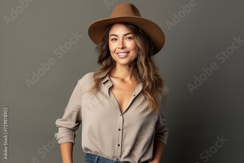 Portrait of a beautiful young woman wearing a hat and shirt over grey background