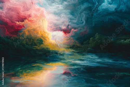 A landscape painting where the colors run, creating a unique and abstract beauty. Concept of serendipity and beauty in artistic accidents. Generative Ai. photo