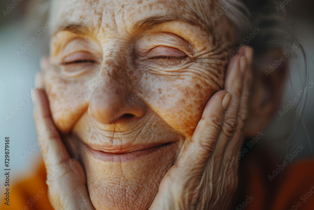 A person's smiling face with crow's feet, symbolizing the joy and experiences behind each line. Concept of beauty in natural aging and life stories. Generative Ai. A person's smiling face with crow's feet, symbolizing the joy and experiences behind each line. Concept of beauty in natural aging and life stories. Generative Ai.