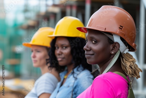 mixedrace women with hard hats at a construction site photo