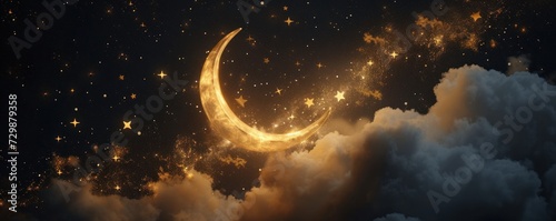 Golden crescent moon with stars and clouds on dark night sky background