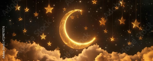 Golden crescent moon with stars and clouds on dark night sky background photo