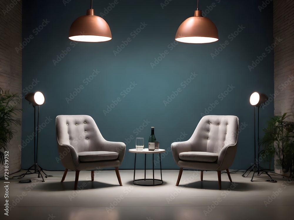 Fototapeta premium Modern living room with two chairs and an aesthetic lamp