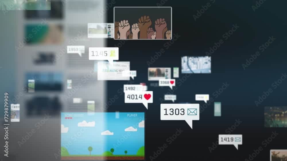 Big data Internet of Things animation viral videos, apps, social media profiles visualizations flying through space, seamless loop, concept of blockchain, IoT, Influencers network metaverse, AI, commu