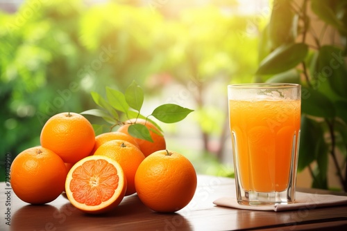 Vibrant glass of citrus orange juice and juicy oranges amidst scenic natural backdrop