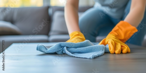 close-up of a woman hands on gloves to clean the table using a spray of cleaning products and wiping with a sponge.