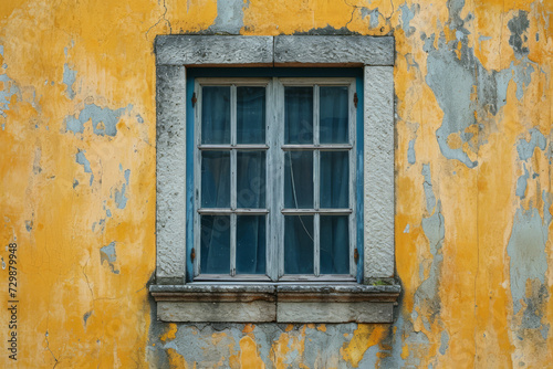 A slightly off-center window in an old house, adding quirky charm to the architecture. Concept of uniqueness and character in architectural anomalies. Generative Ai.