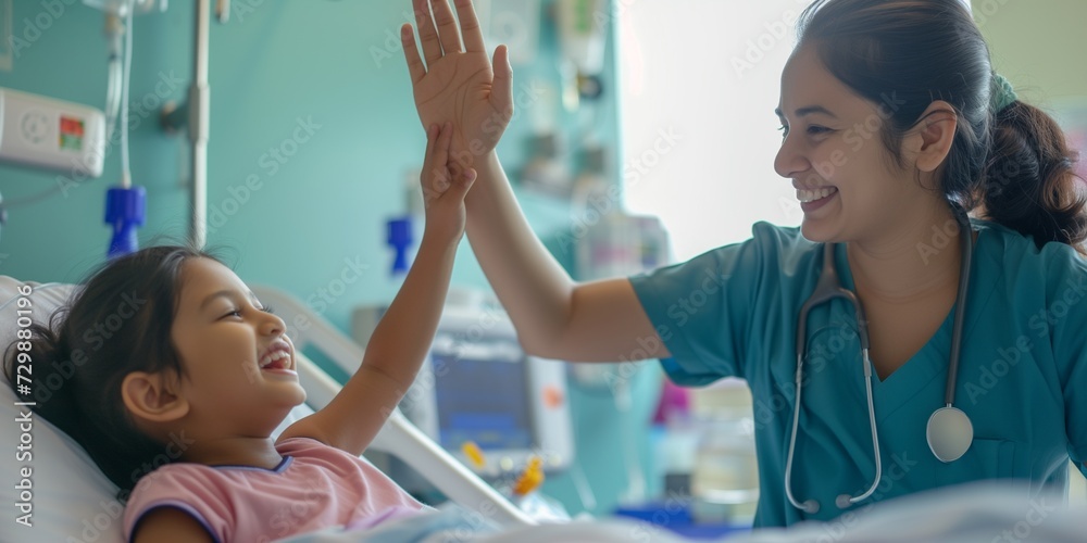 Obraz premium woman nurse or medical staff give a high five to little girl patient