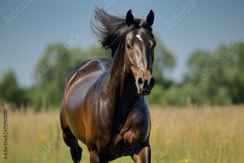 horse with glossy coat charging toward camera in open field