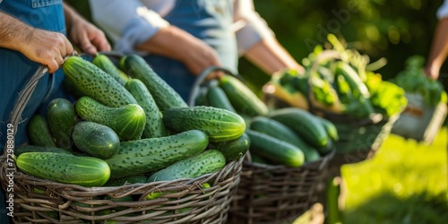 Farmer harvesting cucumber photo