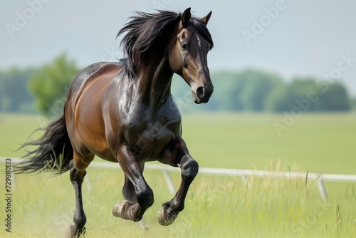 horse with glossy coat charging toward camera in open field