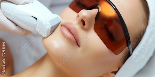Close up of young woman face getting aesthetic face treatment in beauty salon. Cosmetology concept photo