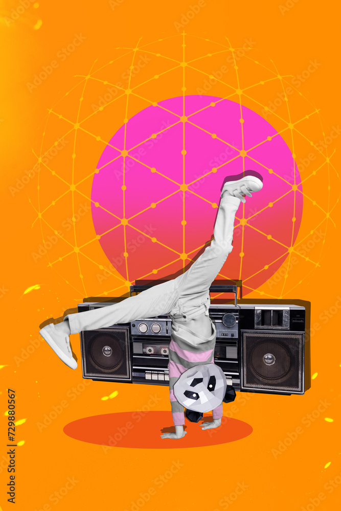 Fototapeta premium Vertical creative collage poster dancing young man breakdown hip hop movements boombox player party clubber have fun joyful event