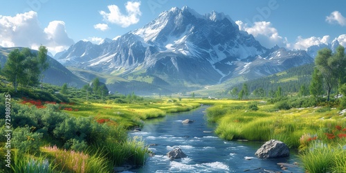 A River Runs Through It A Serene Scenery of a Mountain Range Generative AI
