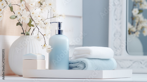 Bright and Airy Bathroom Shelf with Elegant Blue Bath Products and White Blossoms for a Clean  Peaceful Ambiance