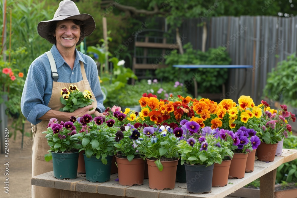 gardener smiling by a table of potted flowering plants