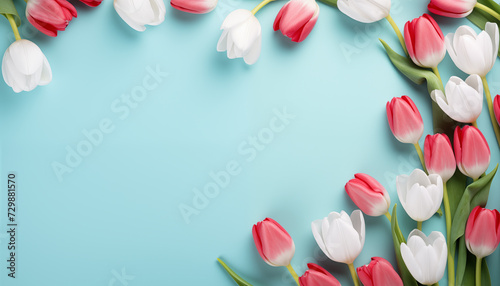Beautiful Tulip Flowers on Pastel Blue Background with Copy Space. Mother's Day Concept