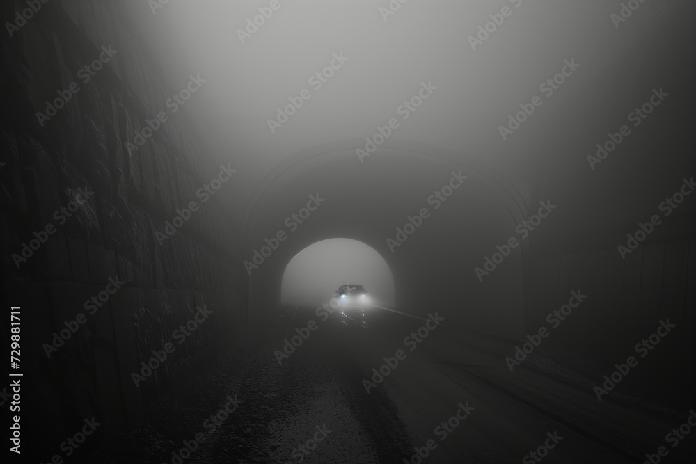 car with headlights visible at the end of a foggy tunnel