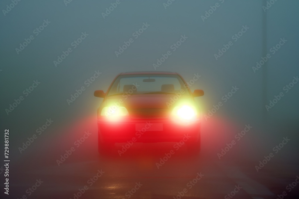 Fototapeta premium red car with bright headlights piercing through thick morning fog