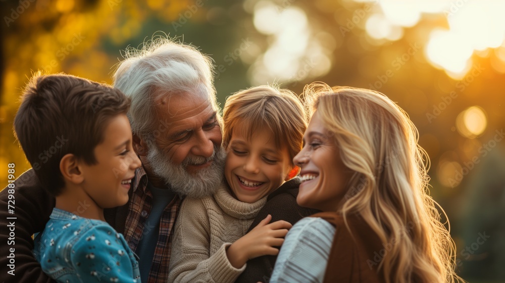 Fototapeta premium Joyful multi-generational family embracing outdoors at sunset, smiling and enjoying time together, capturing the essence of family bonds and happy moments