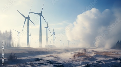 A wind farm on the background of a blue sky in winter. A source of alternative renewable electricity in nature, an environmentally friendly innovation concept.