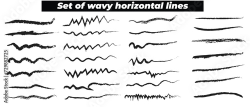 Set of wavy horizontal lines. Marker hand-drawn line border set and scribble design elements. Lines hand drawn paint brush stroke. Vector set isolated on white. Hand drawn scribble .Black ink 2 3 2