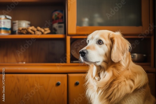 dog sitting obediently in front of a cupboard where dog treats are kept photo